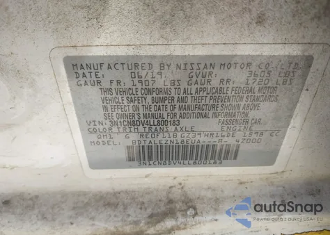 2020 Nissan Versa S Xtronic Cvt z USA, uszkodzony, nr VIN 3N1CN8DV4LL800183